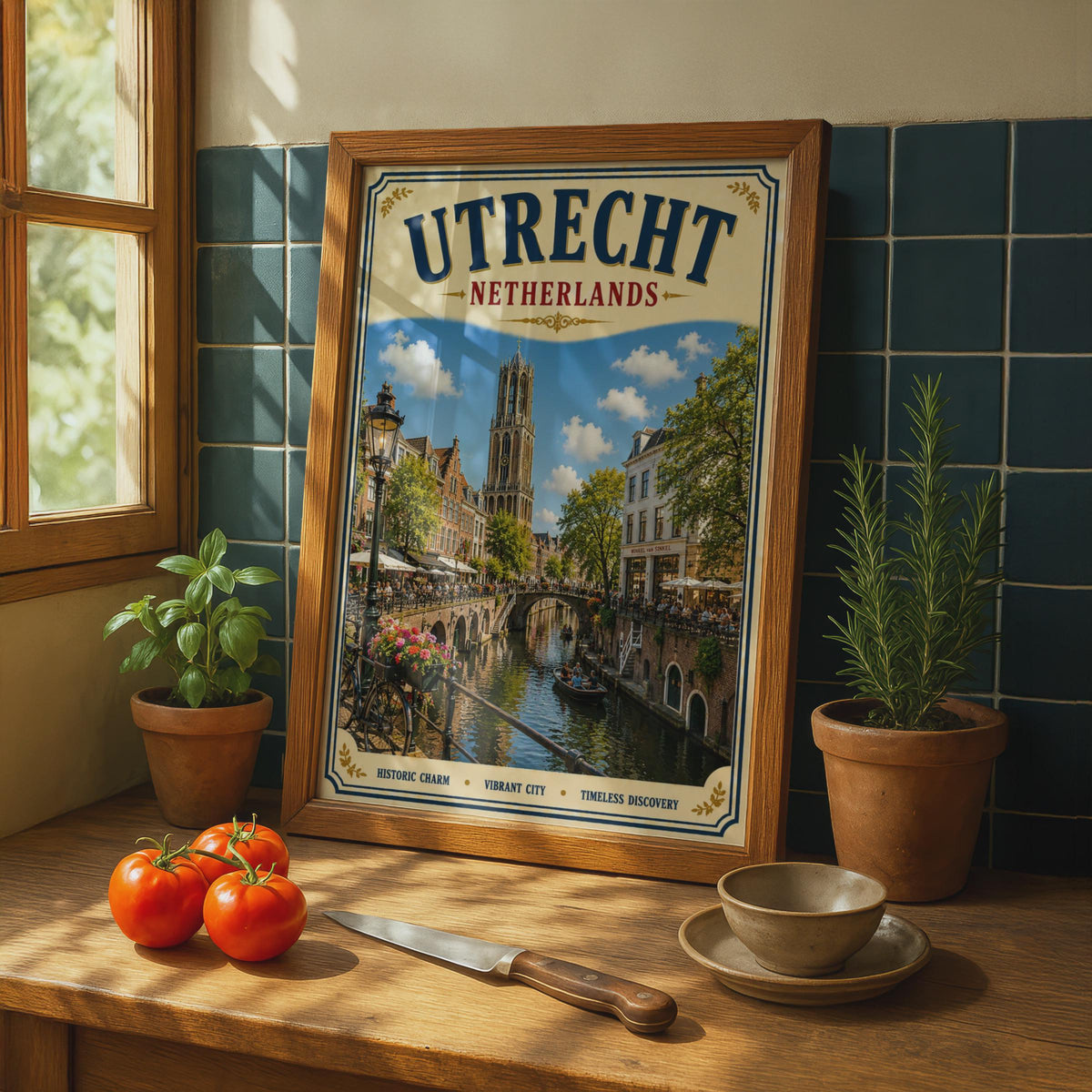 Utrecht Netherlands Travel Poster, Vintage Dutch Canal Wall Art, Holland City Print
