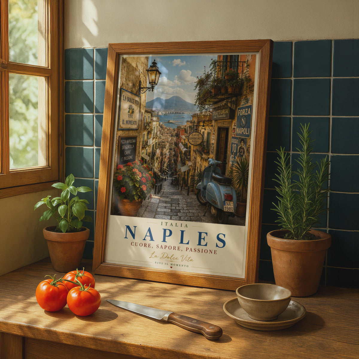 Naples Italy Travel Poster, Vintage Italian Street Scene, Vespa La Dolce Vita Wall Art