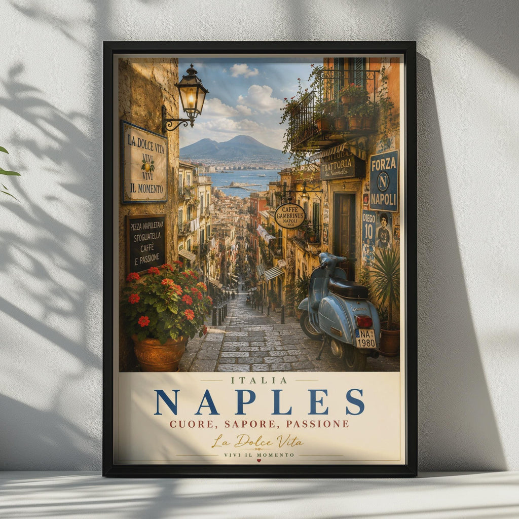 Naples Italy Travel Poster, Vintage Italian Street Scene, Vespa La Dolce Vita Wall Art