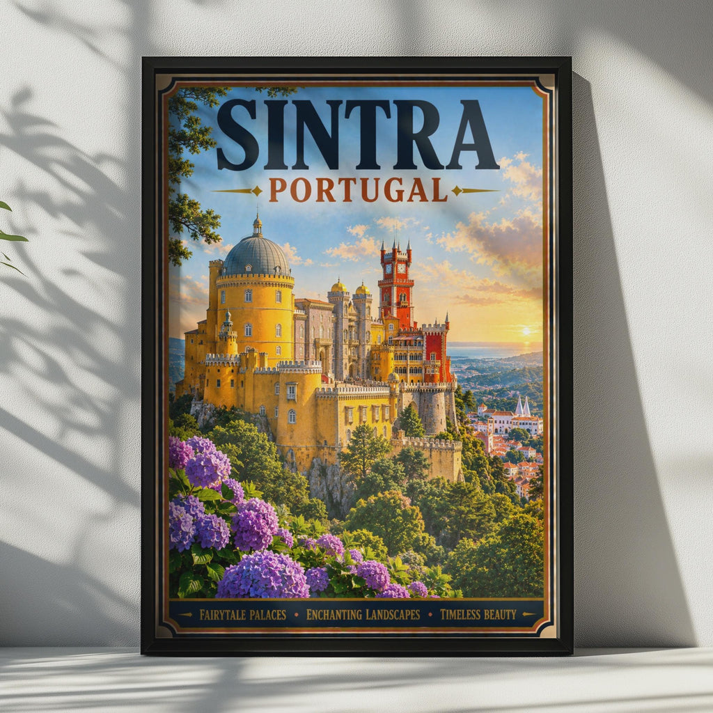 Sintra Portugal Travel Poster, Pena Palace Wall Art, Vintage Style Portuguese Castle Print