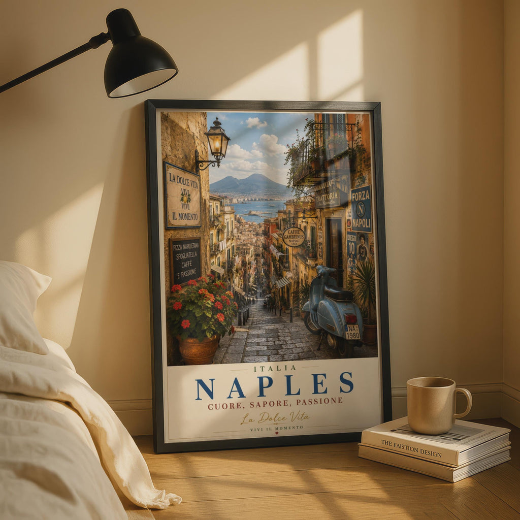 Naples Italy Travel Poster, Vintage Italian Street Scene, Vespa La Dolce Vita Wall Art