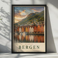 Bergen Norway Travel Poster, Bryggen Wharf Wall Art, Scandinavian Home Decor Print