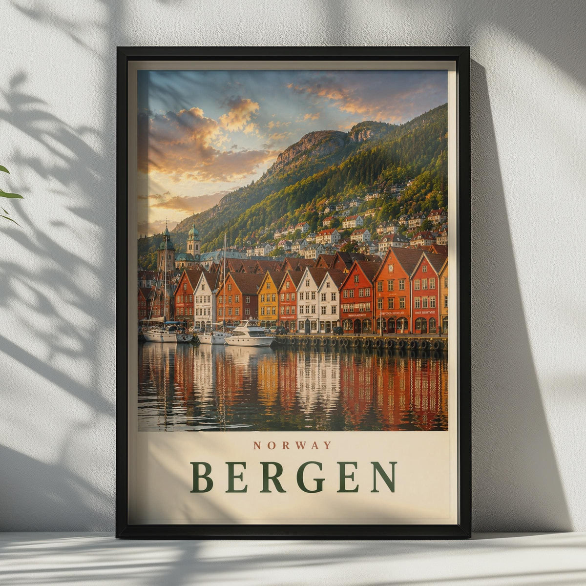 Bergen Norway Travel Poster, Bryggen Wharf Wall Art, Scandinavian Home Decor Print