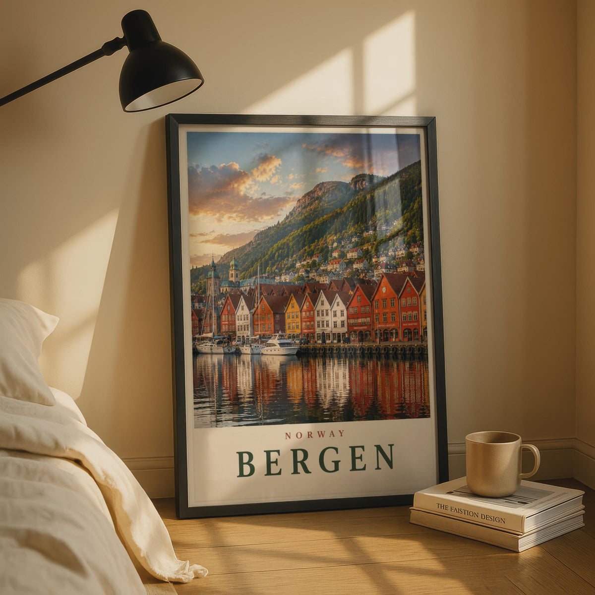 Bergen Norway Travel Poster, Bryggen Wharf Wall Art, Scandinavian Home Decor Print