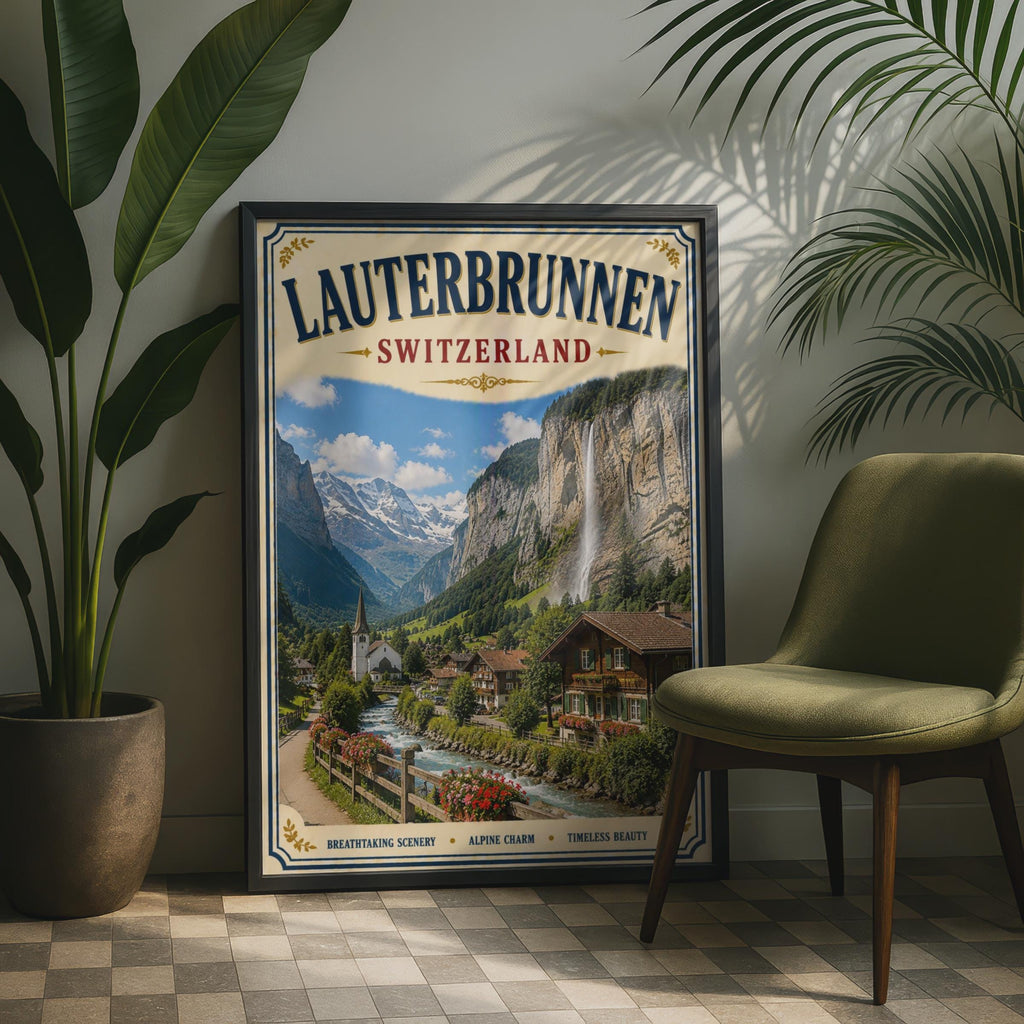 Lauterbrunnen Switzerland Vintage Travel Poster, Swiss Alps Waterfall Wall Art