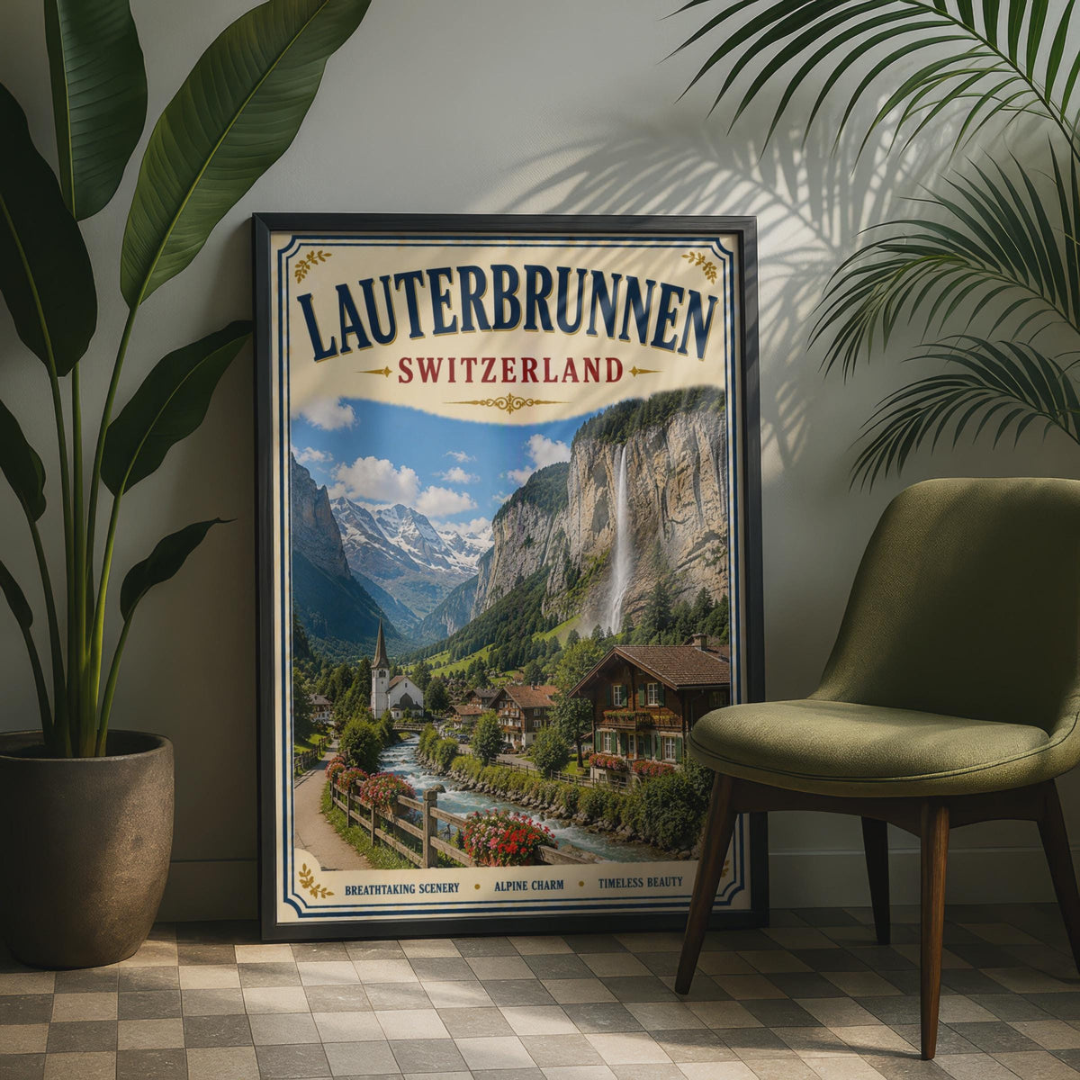 Lauterbrunnen Switzerland Vintage Travel Poster, Swiss Alps Waterfall Wall Art