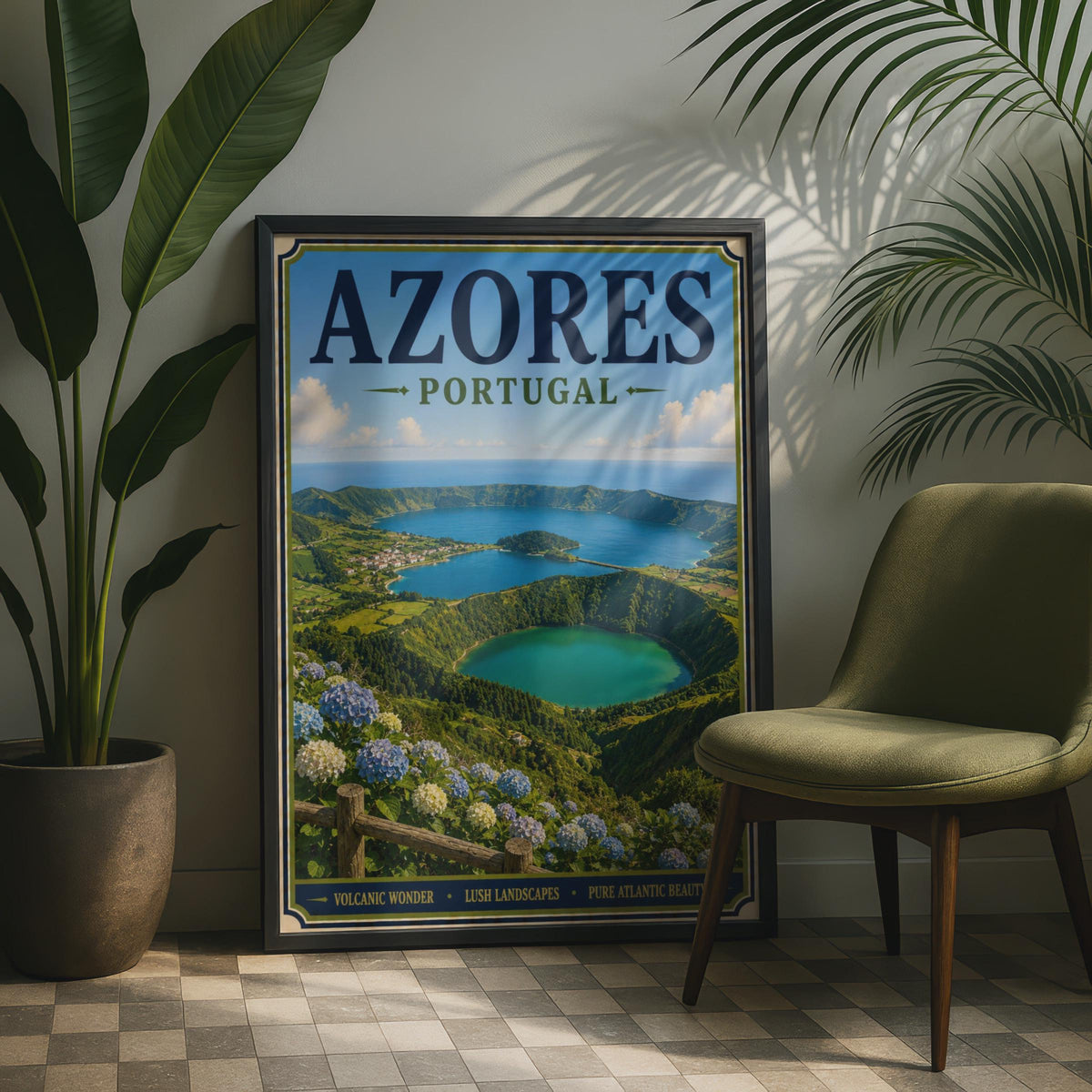 Azores Portugal Travel Poster, Sete Cidades Crater Lake, Vintage Style Wall Art