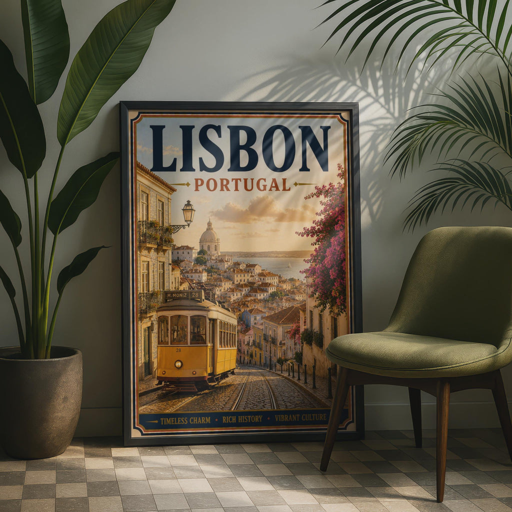 Lisbon Portugal Travel Poster, Vintage Tram 28 Wall Art, Retro City Print