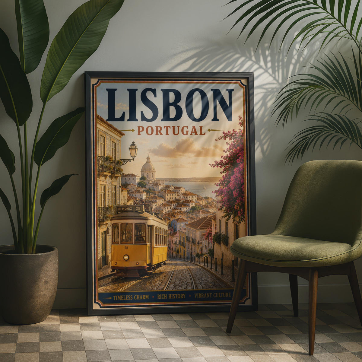 Lisbon Portugal Travel Poster, Vintage Tram 28 Wall Art, Retro City Print