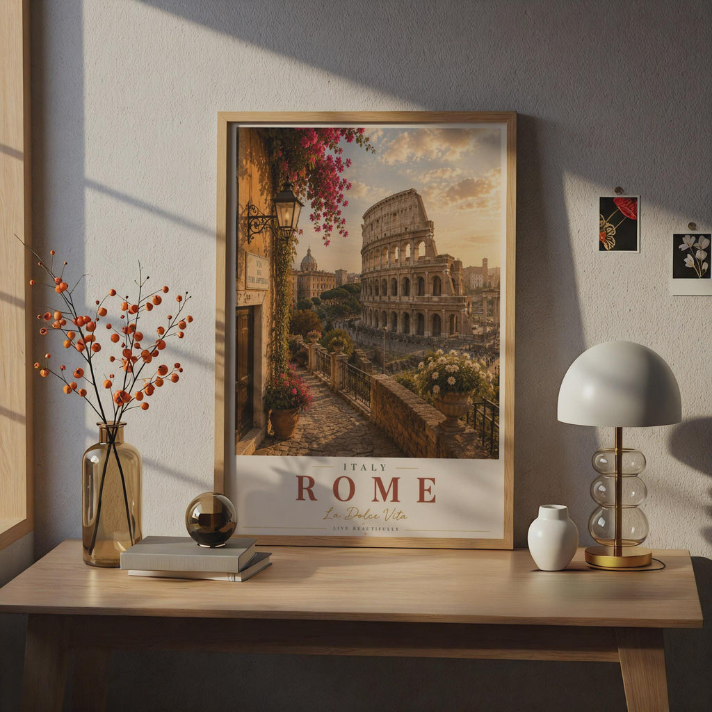 Rome Italy Travel Poster, Colosseum Wall Art, La Dolce Vita, Italian City Print