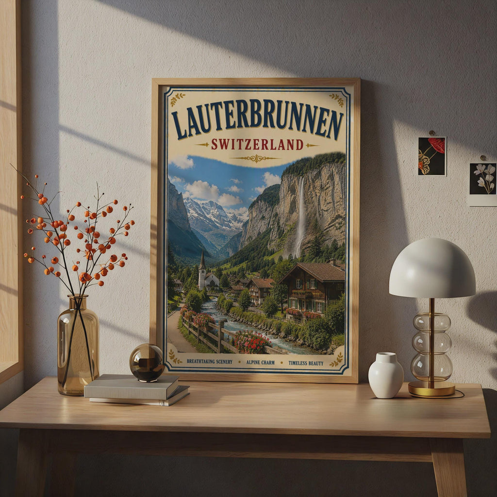 Lauterbrunnen Switzerland Vintage Travel Poster, Swiss Alps Waterfall Wall Art