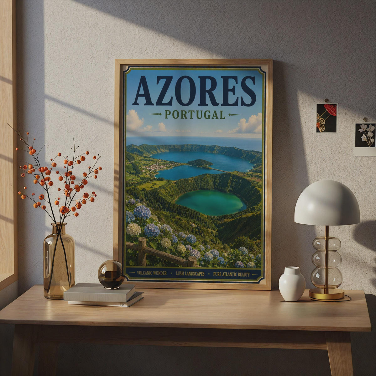 Azores Portugal Travel Poster, Sete Cidades Crater Lake, Vintage Style Wall Art