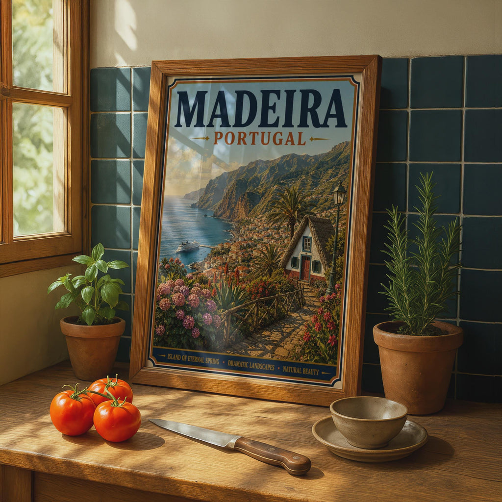 Madeira Portugal Travel Poster, Vintage Style Island Wall Art, Retro Coastal Print