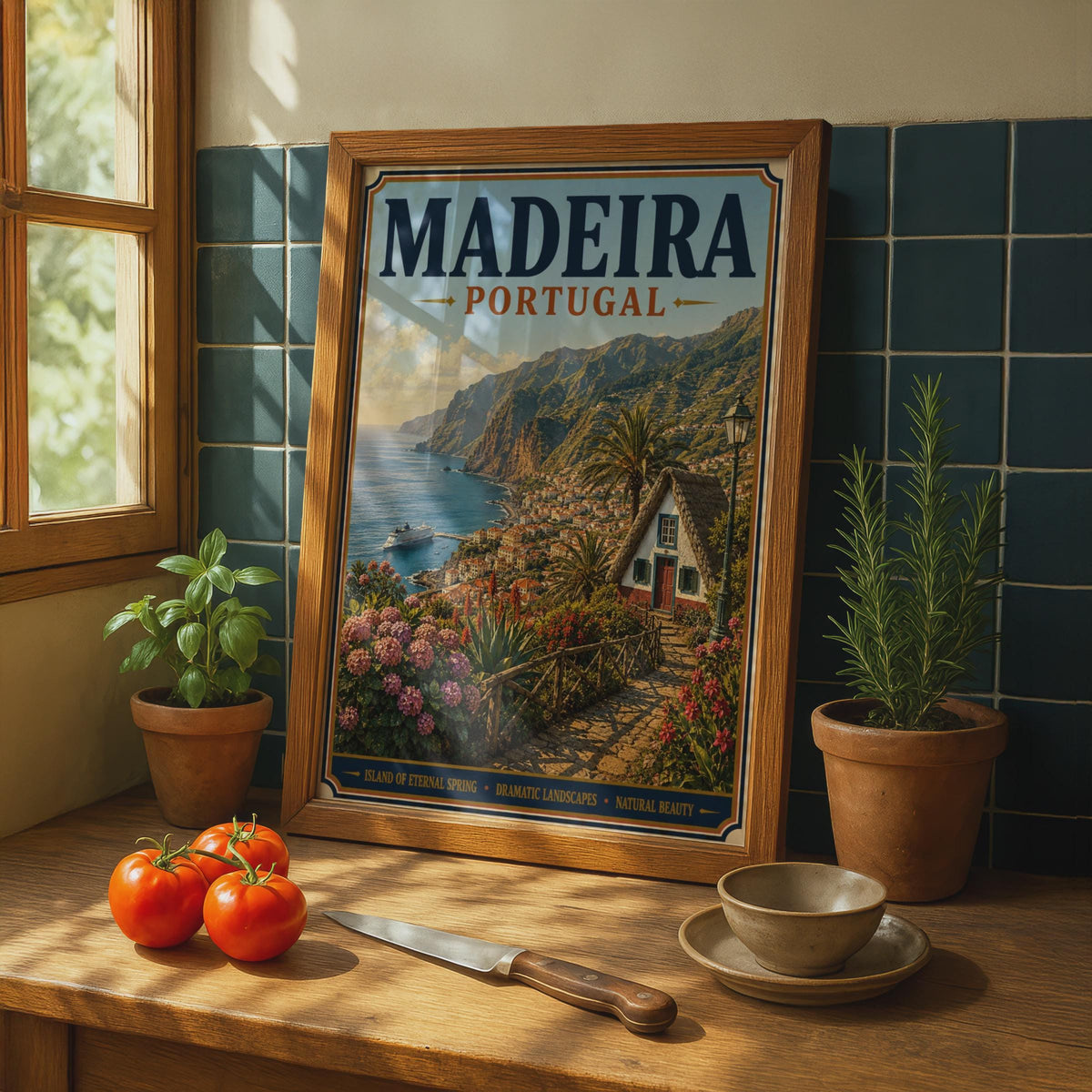 Madeira Portugal Travel Poster, Vintage Style Island Wall Art, Retro Coastal Print