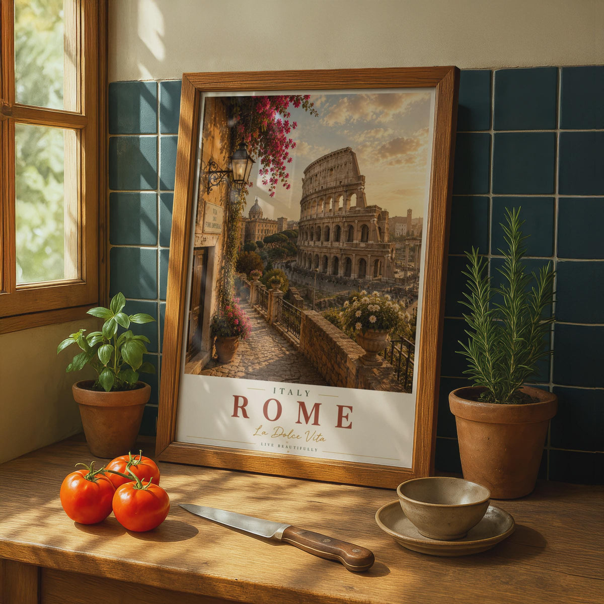 Rome Italy Travel Poster, Colosseum Wall Art, La Dolce Vita, Italian City Print