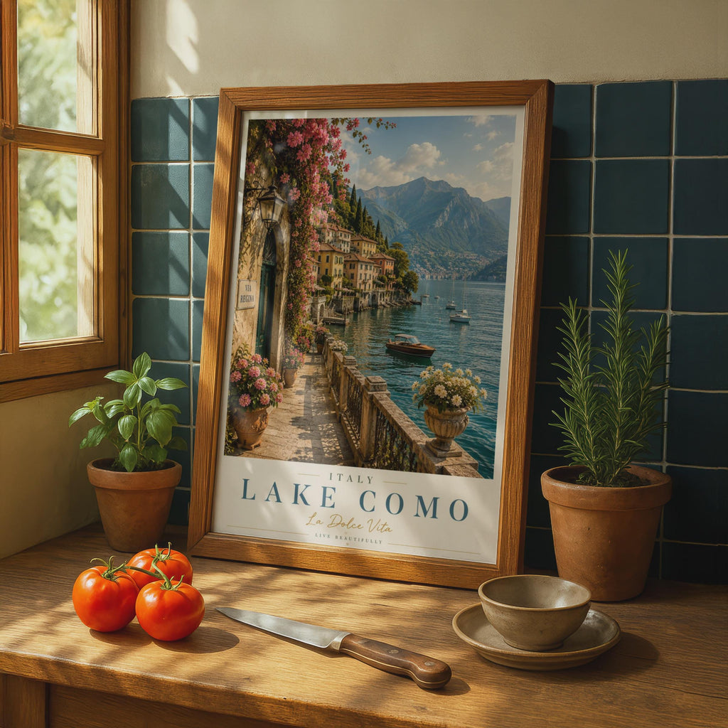 Lake Como Italy Travel Poster, La Dolce Vita Italian Lake Wall Art, Via Regina