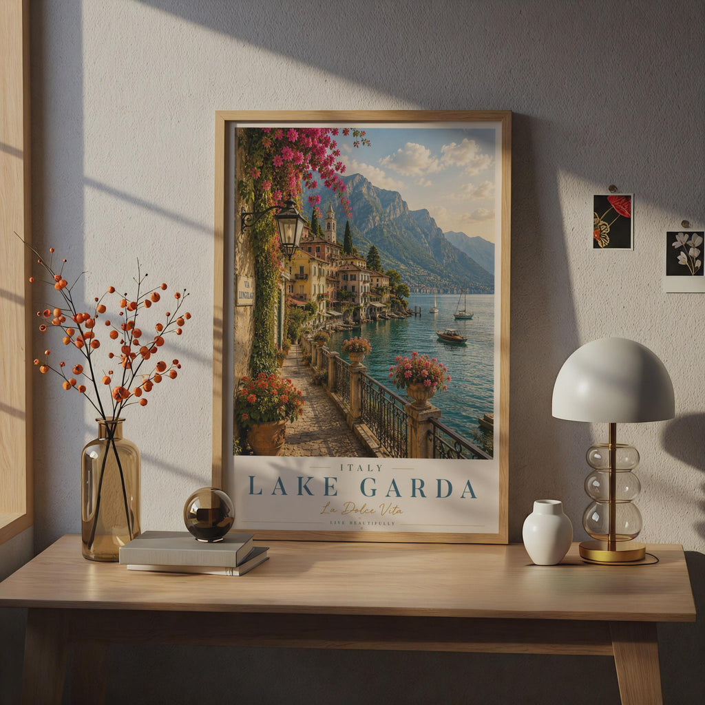 Lake Garda Italy Travel Poster, Italian Lake District Wall Art, La Dolce Vita