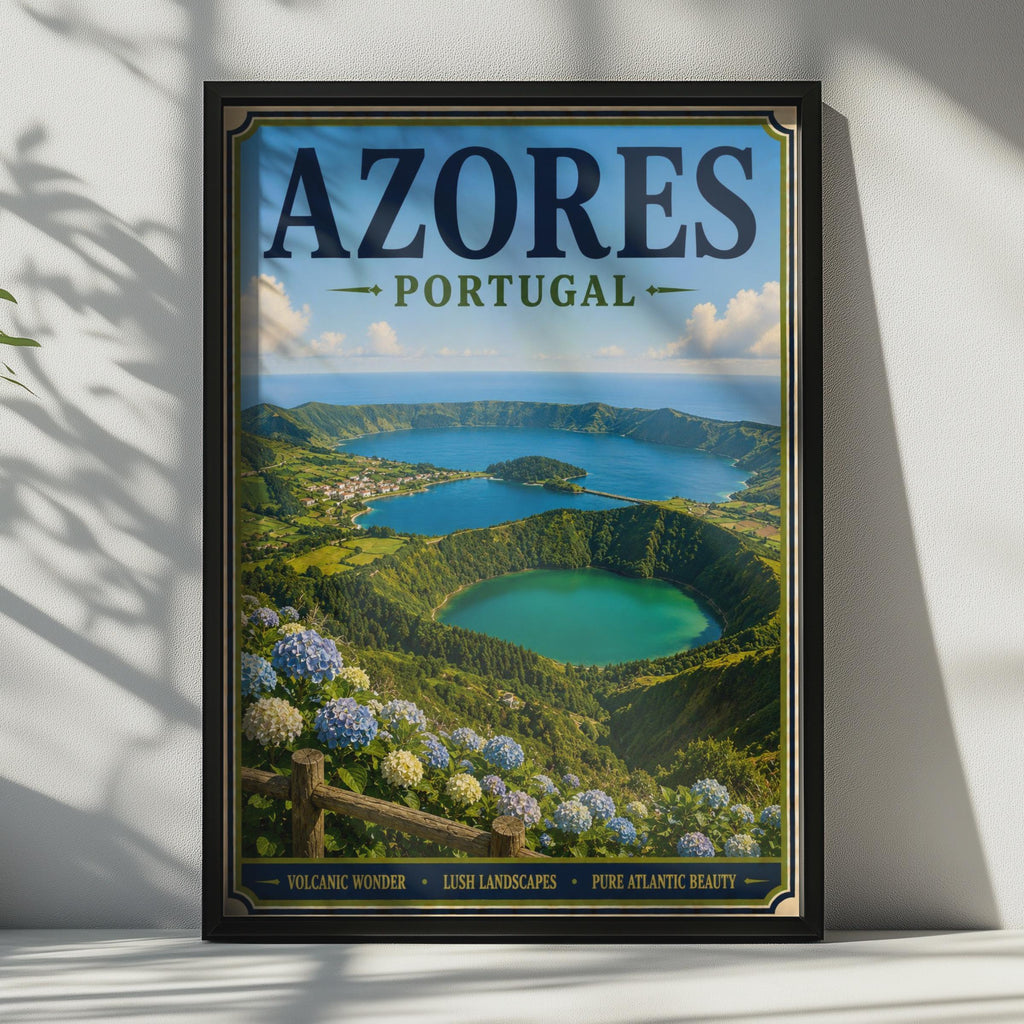 Azores Portugal Travel Poster, Sete Cidades Crater Lake, Vintage Style Wall Art