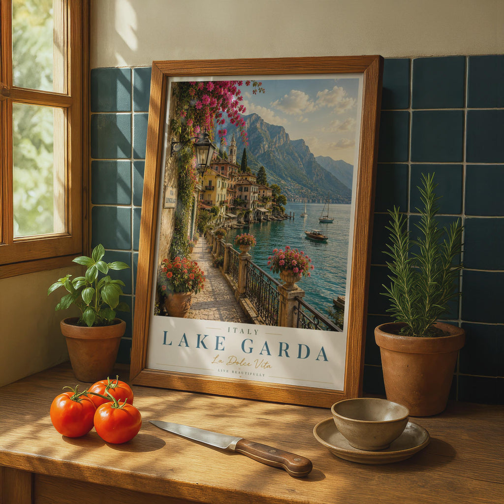 Lake Garda Italy Travel Poster, Italian Lake District Wall Art, La Dolce Vita