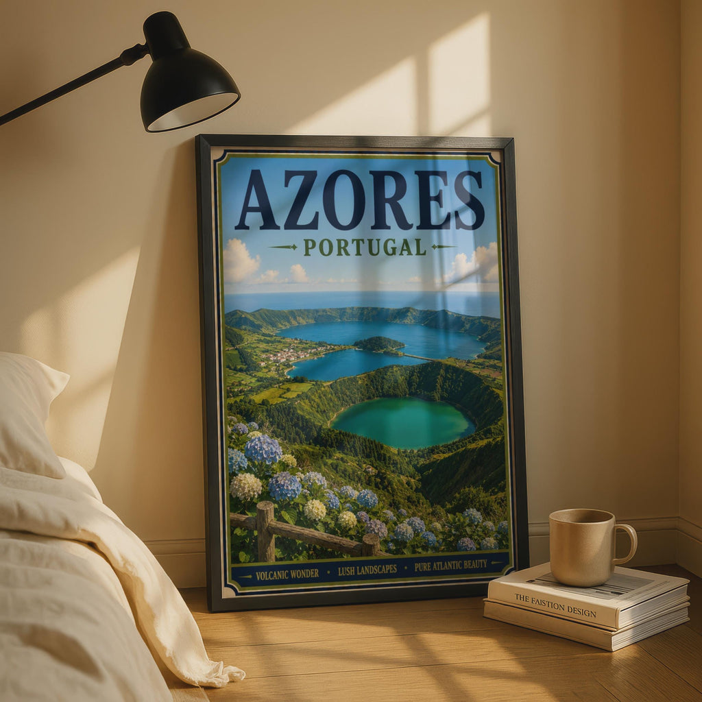 Azores Portugal Travel Poster, Sete Cidades Crater Lake, Vintage Style Wall Art