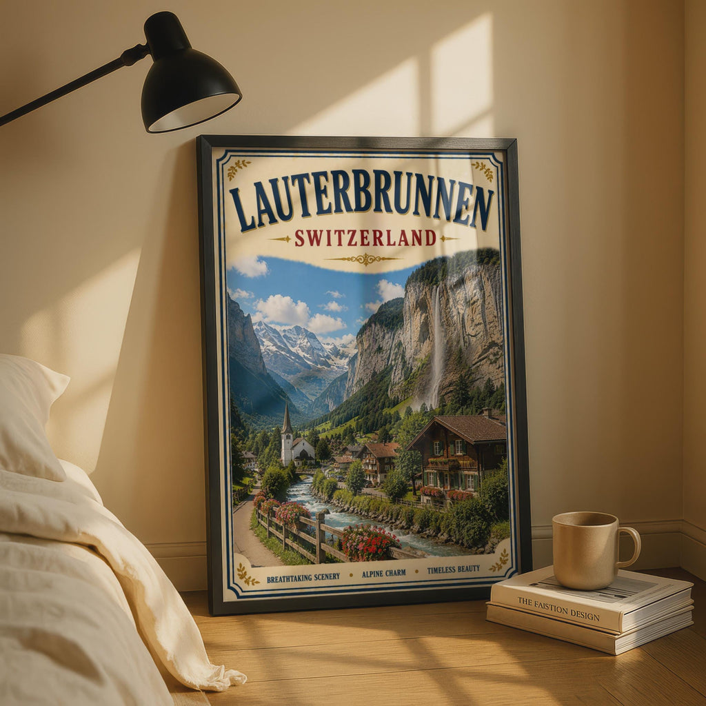 Lauterbrunnen Switzerland Vintage Travel Poster, Swiss Alps Waterfall Wall Art