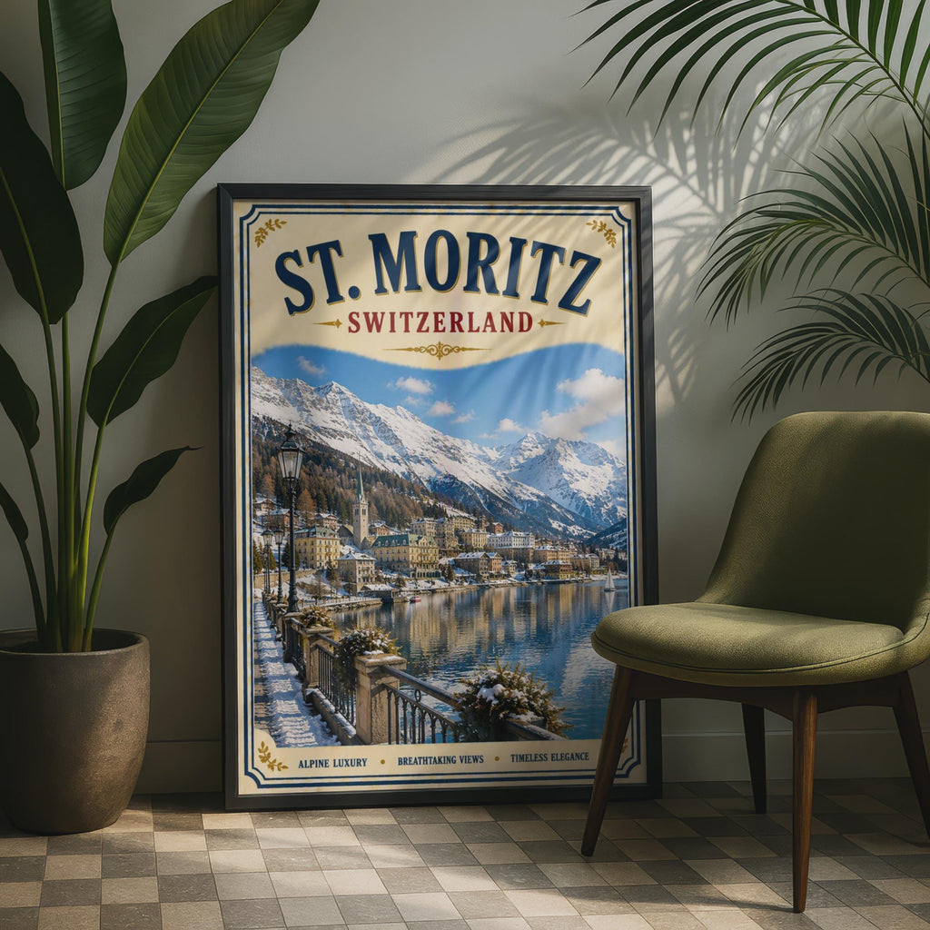 St. Moritz Switzerland Vintage Travel Poster, Swiss Alps Winter Wall Art