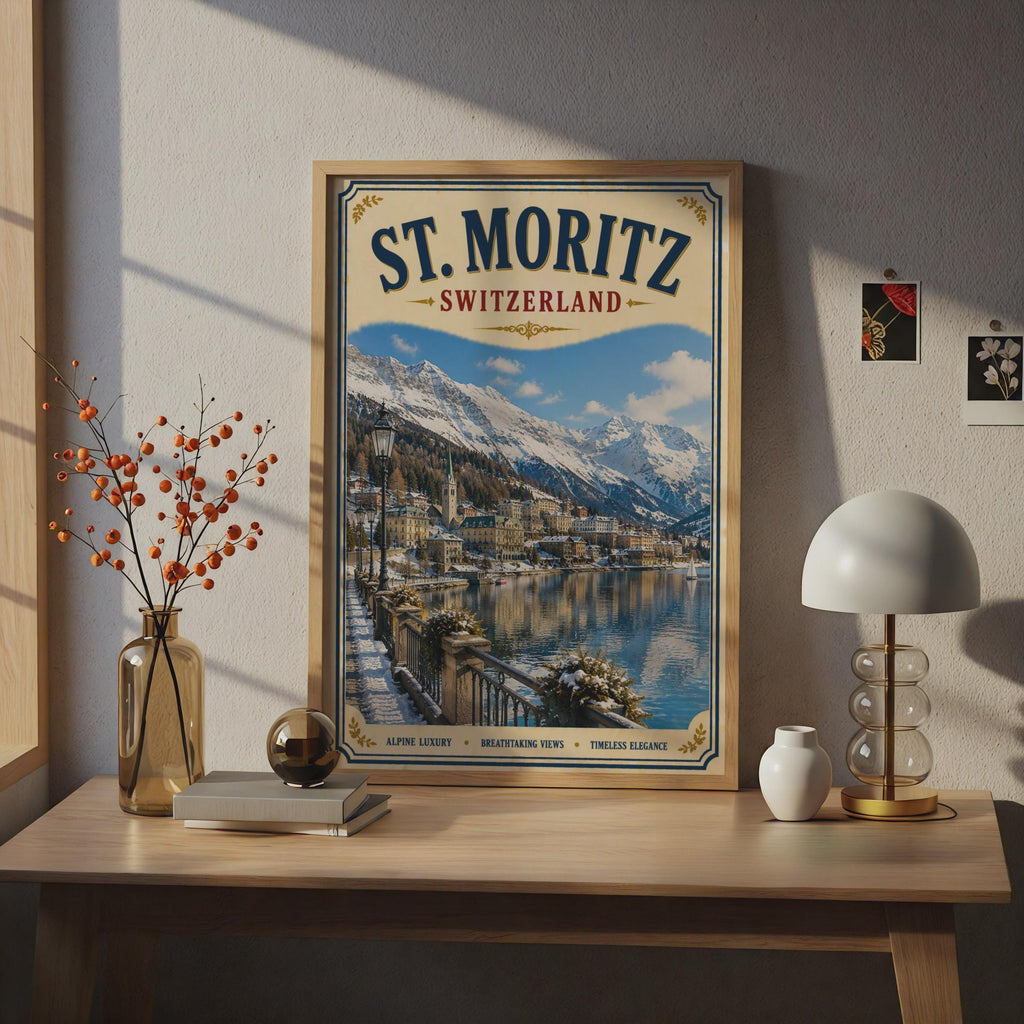 St. Moritz Switzerland Vintage Travel Poster, Swiss Alps Winter Wall Art