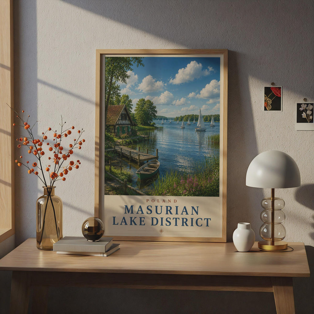 Masurian Lake District Poland Travel Poster, Sailing Lake Wall Art, Vintage Style