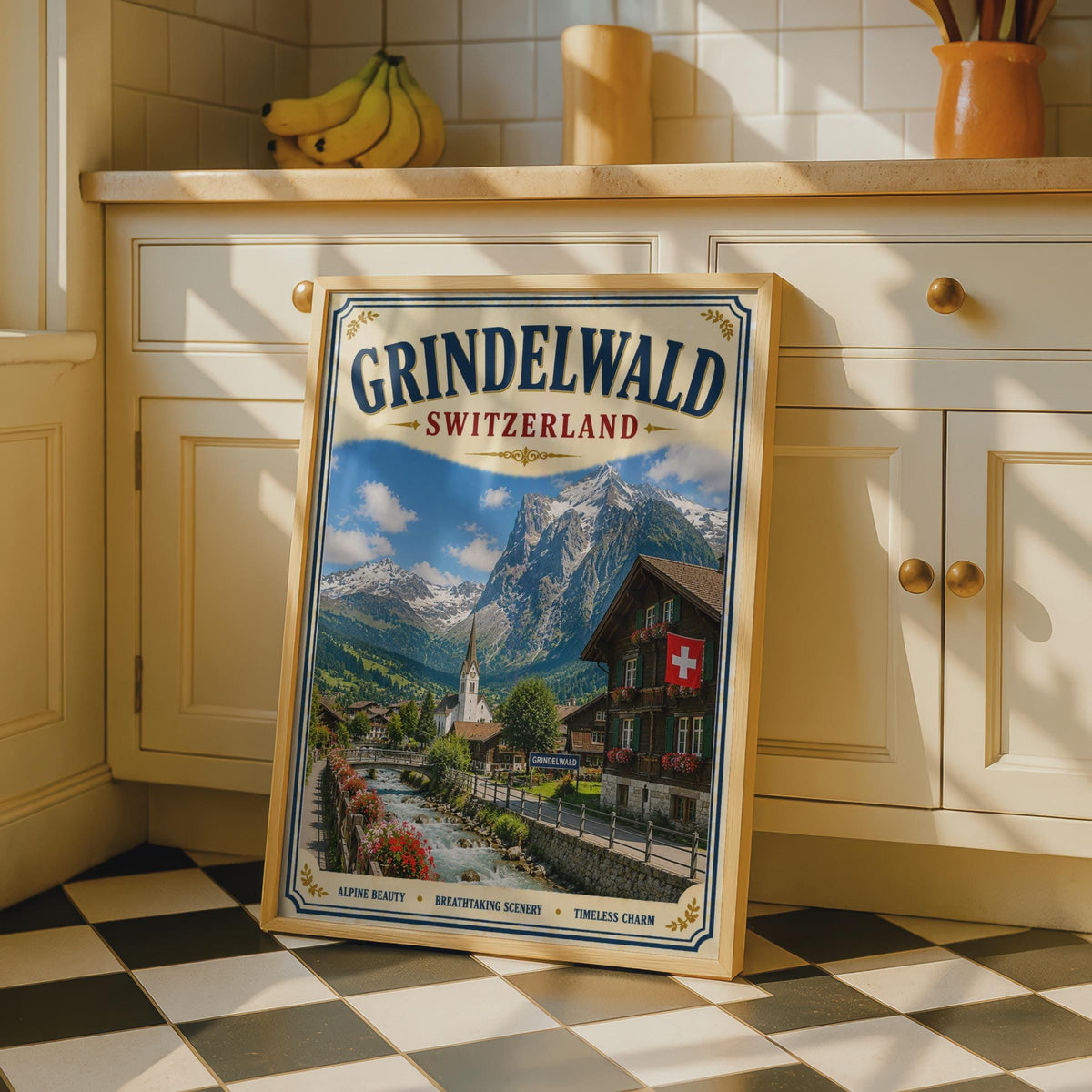 Grindelwald Switzerland Vintage Travel Poster, Swiss Alps Wall Art, Alpine Village Print