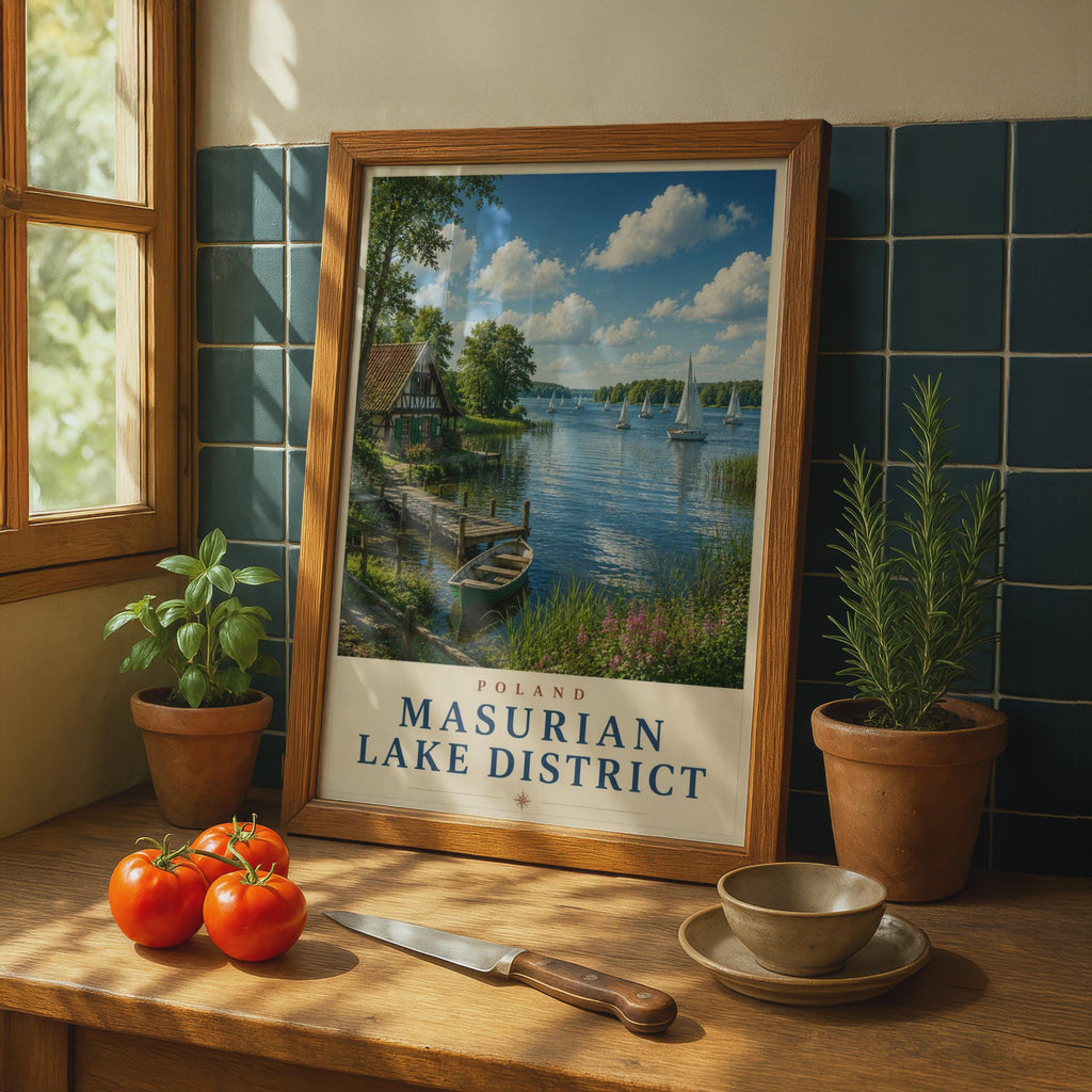 Masurian Lake District Poland Travel Poster, Sailing Lake Wall Art, Vintage Style