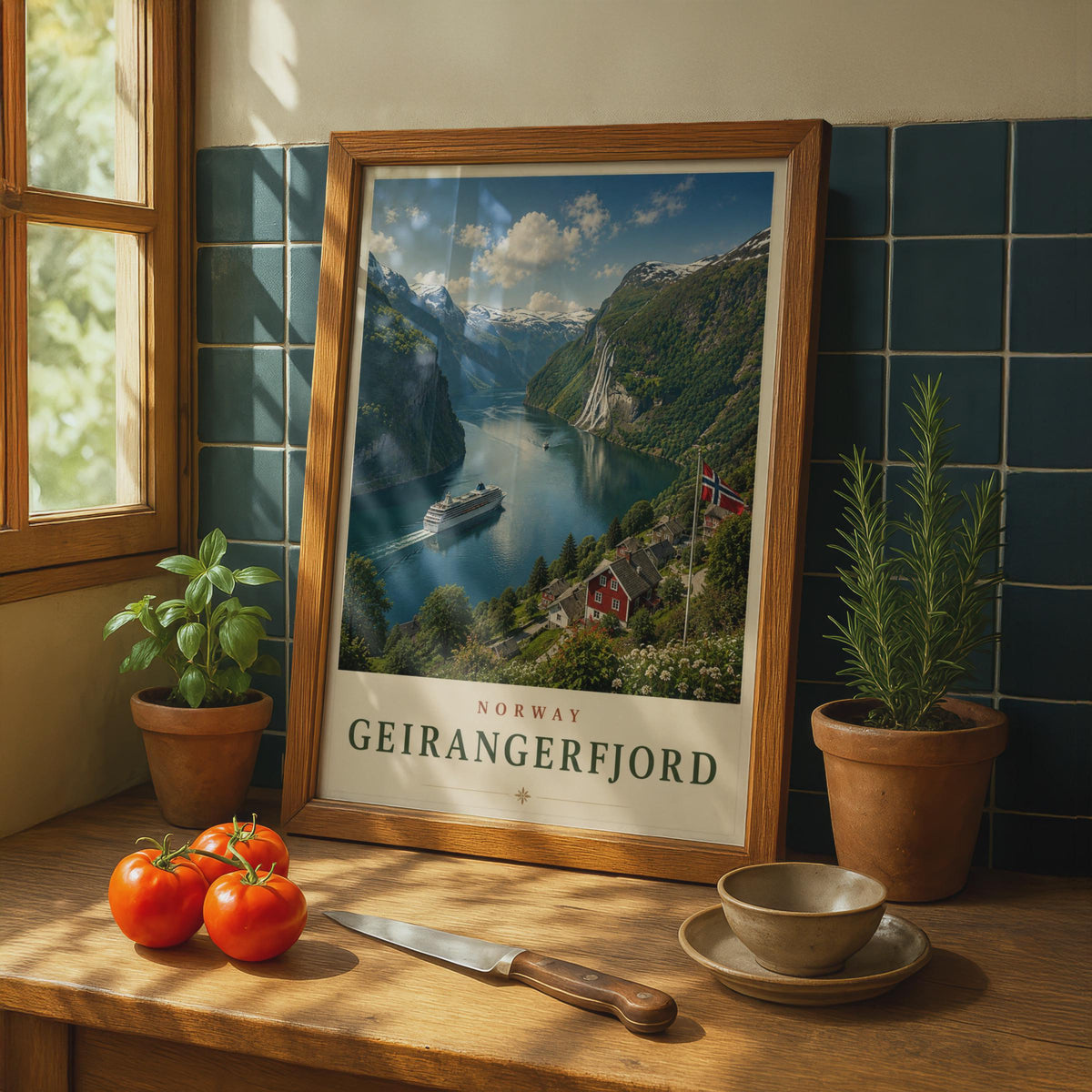 Geirangerfjord Norway Travel Poster, Norwegian Fjord Wall Art, Cruise Ship Print