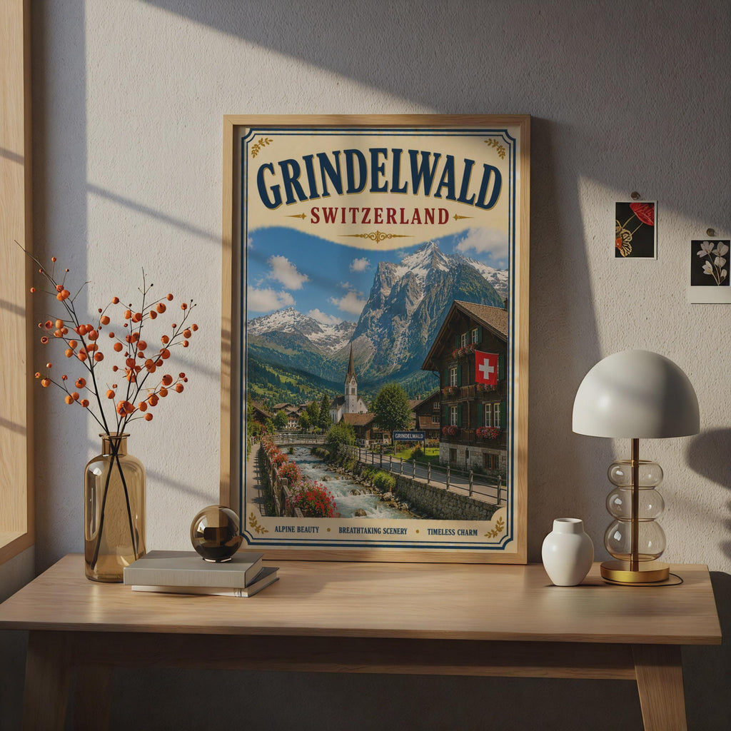 Grindelwald Switzerland Vintage Travel Poster, Swiss Alps Wall Art, Alpine Village Print