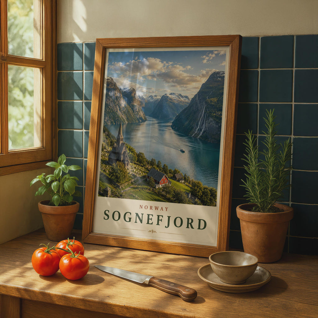 Sognefjord Norway Travel Poster, Norwegian Fjord Wall Art, Scandinavian Print, Nordic Decor