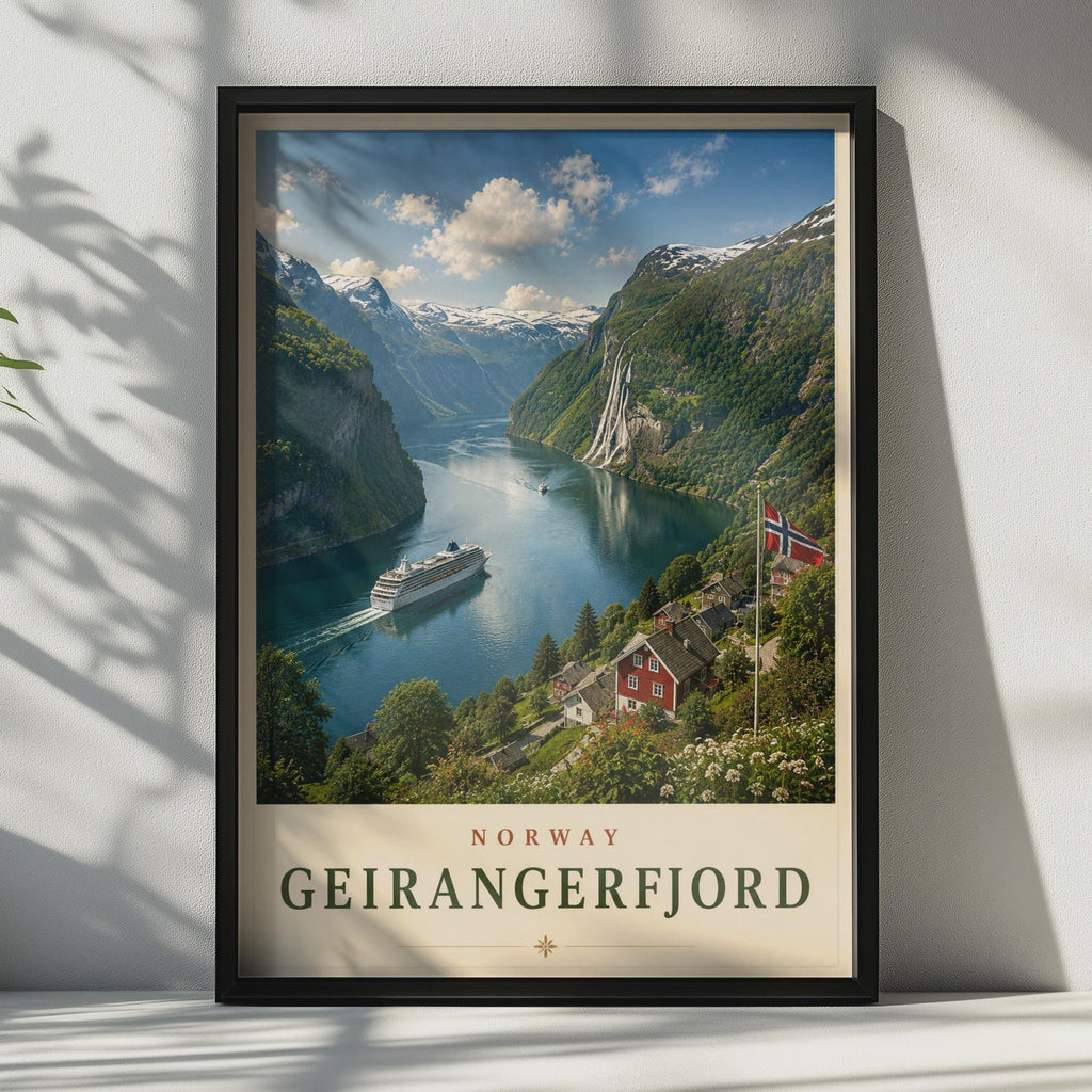 Geirangerfjord Norway Travel Poster, Norwegian Fjord Wall Art, Cruise Ship Print