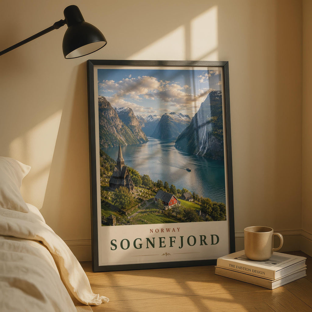 Sognefjord Norway Travel Poster, Norwegian Fjord Wall Art, Scandinavian Print, Nordic Decor