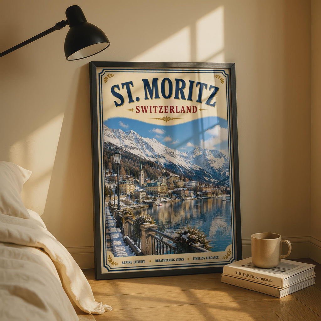 St. Moritz Switzerland Vintage Travel Poster, Swiss Alps Winter Wall Art