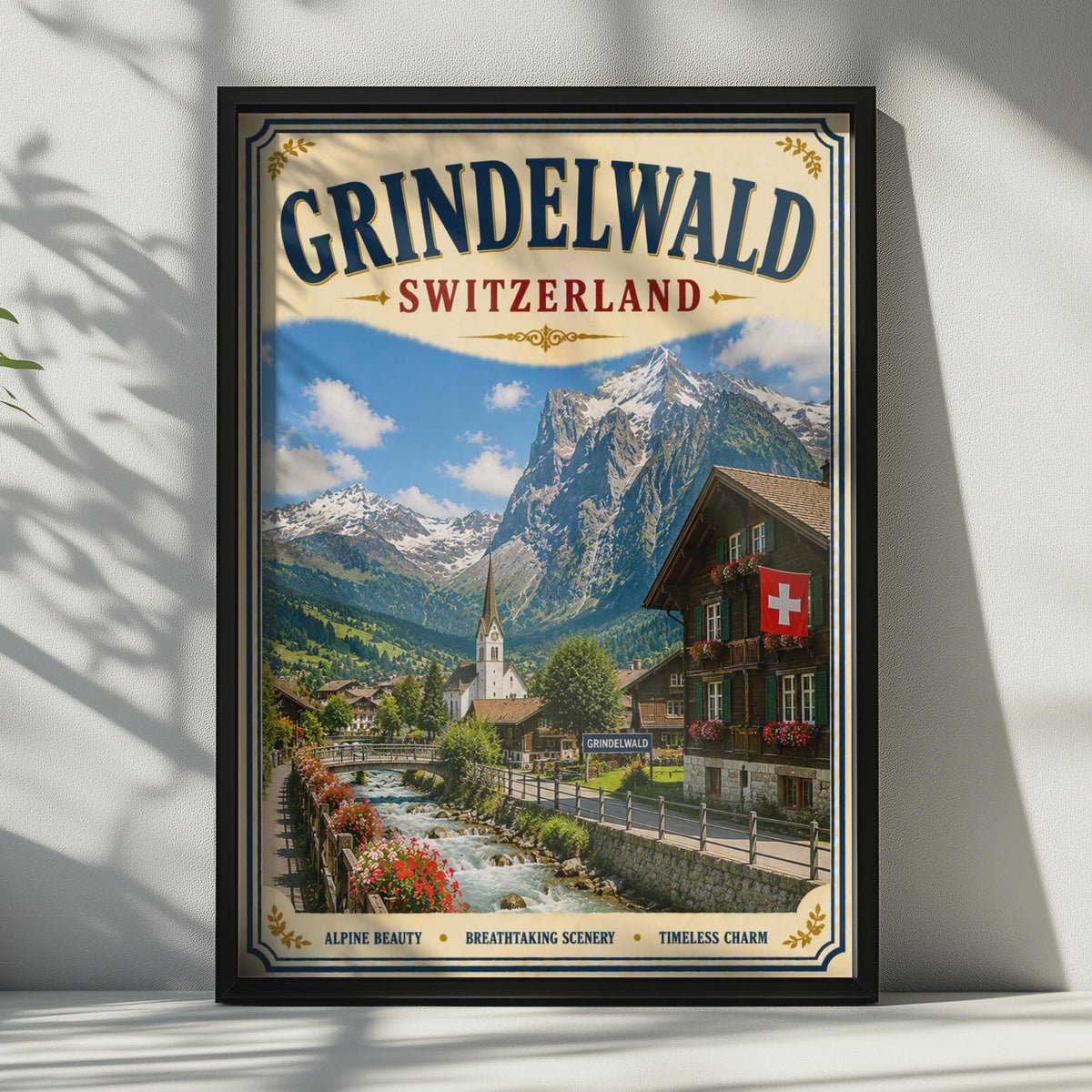 Grindelwald Switzerland Vintage Travel Poster, Swiss Alps Wall Art, Alpine Village Print