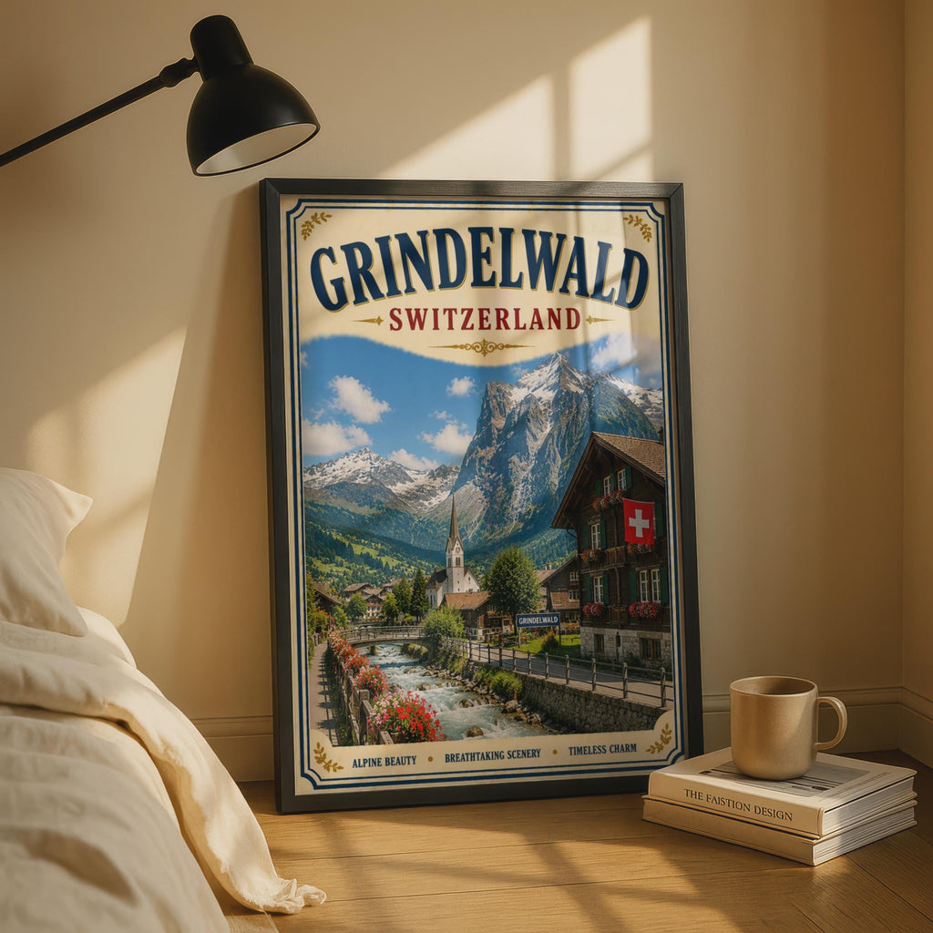 Grindelwald Switzerland Vintage Travel Poster, Swiss Alps Wall Art, Alpine Village Print