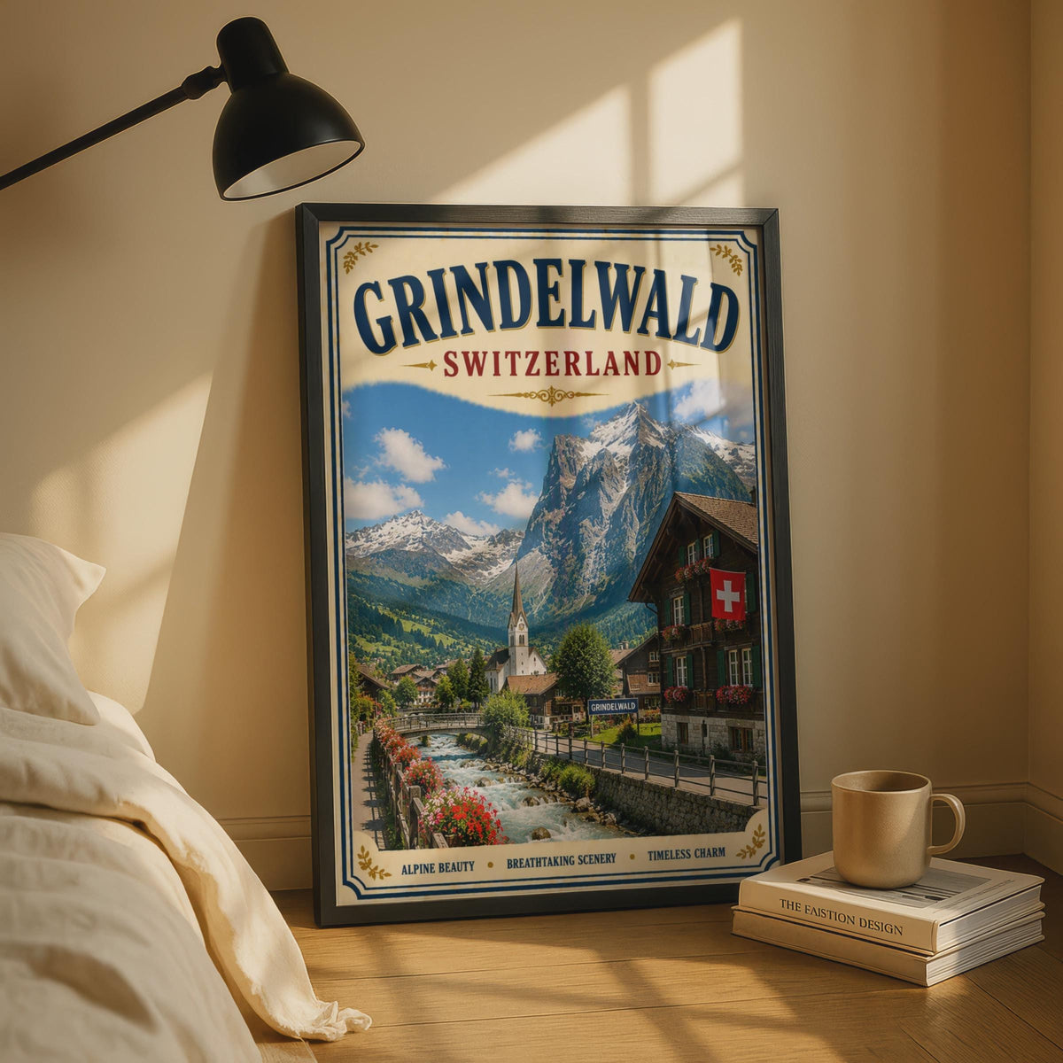 Grindelwald Switzerland Vintage Travel Poster, Swiss Alps Wall Art, Alpine Village Print