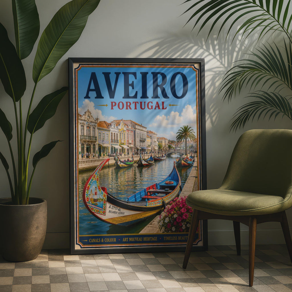Aveiro Portugal Travel Poster, Moliceiro Canal Boat, Vintage Style Portuguese Wall Art