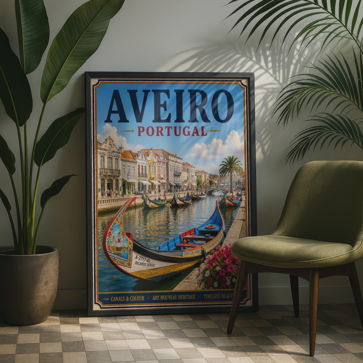 Aveiro Portugal Travel Poster, Moliceiro Canal Boat, Vintage Style Portuguese Wall Art