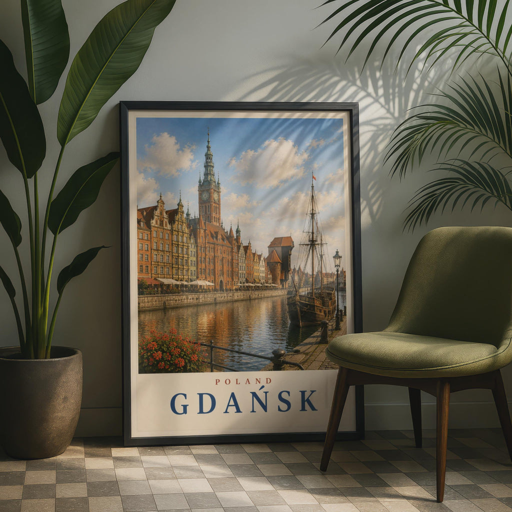 Gdansk Poland Travel Poster, Vintage Style Motlawa River Wall Art, Polish City