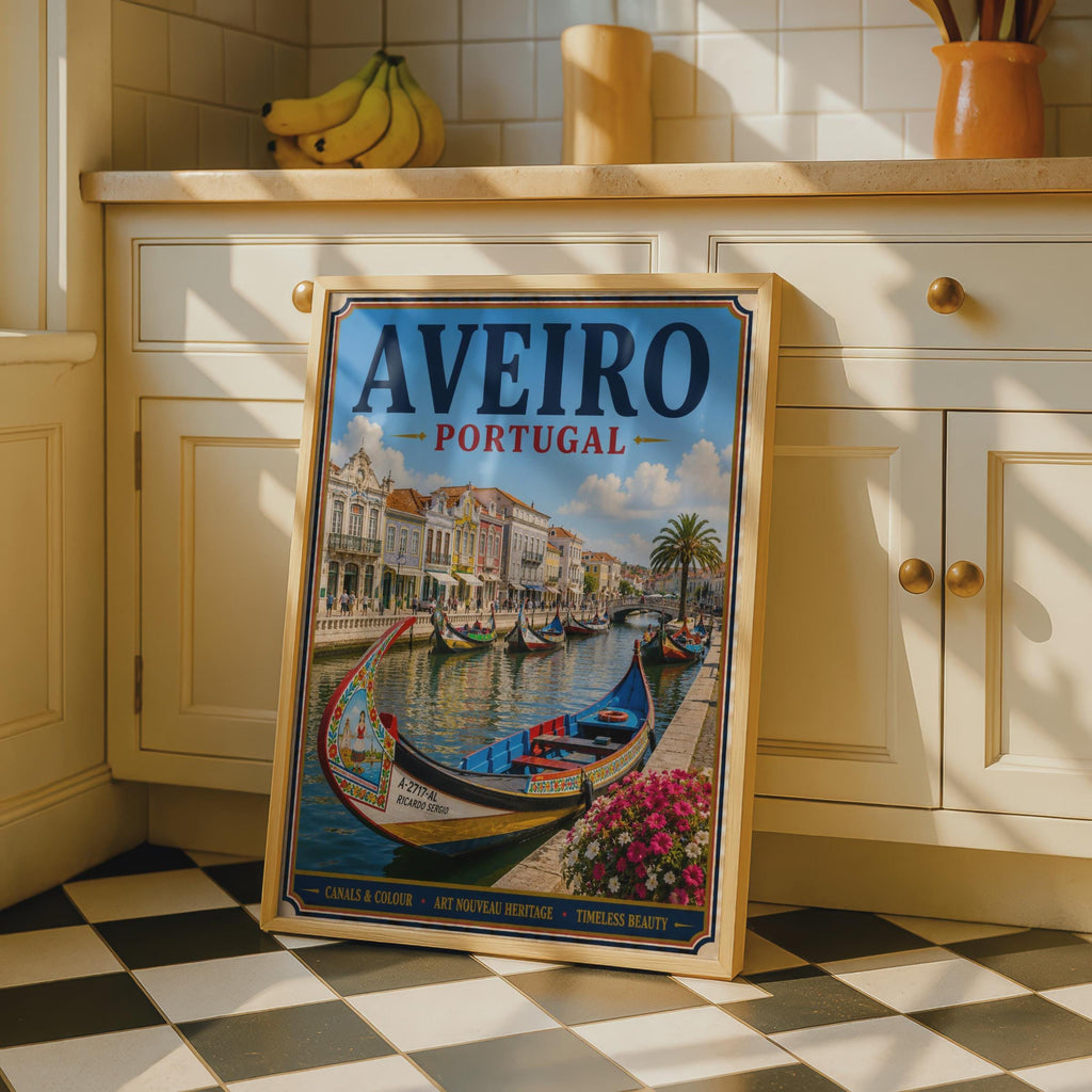 Aveiro Portugal Travel Poster, Moliceiro Canal Boat, Vintage Style Portuguese Wall Art
