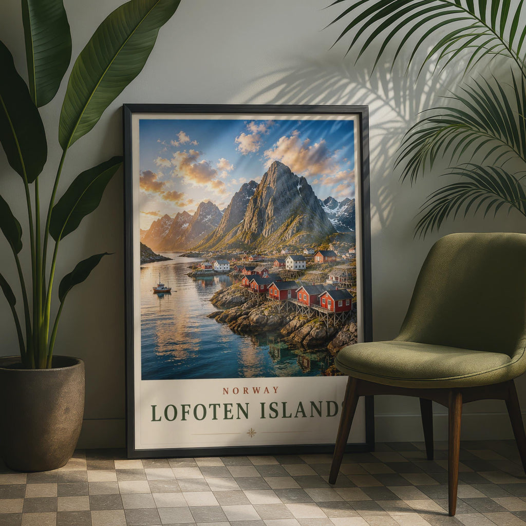 Lofoten Islands Norway Travel Poster, Reine Fishing Village Wall Art Print