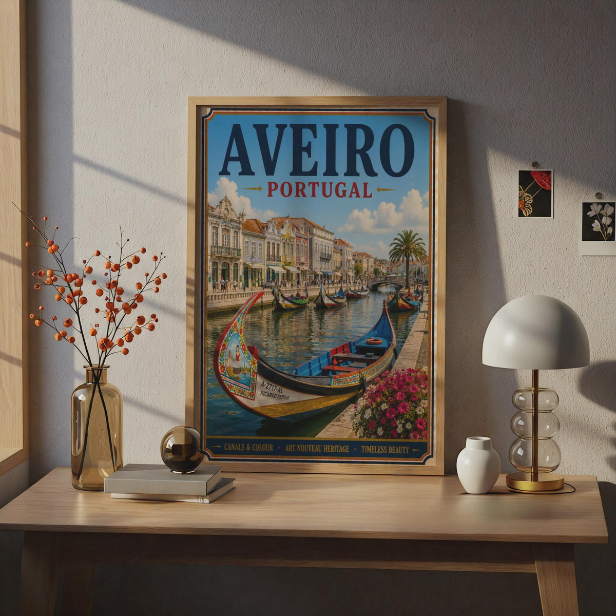 Aveiro Portugal Travel Poster, Moliceiro Canal Boat, Vintage Style Portuguese Wall Art