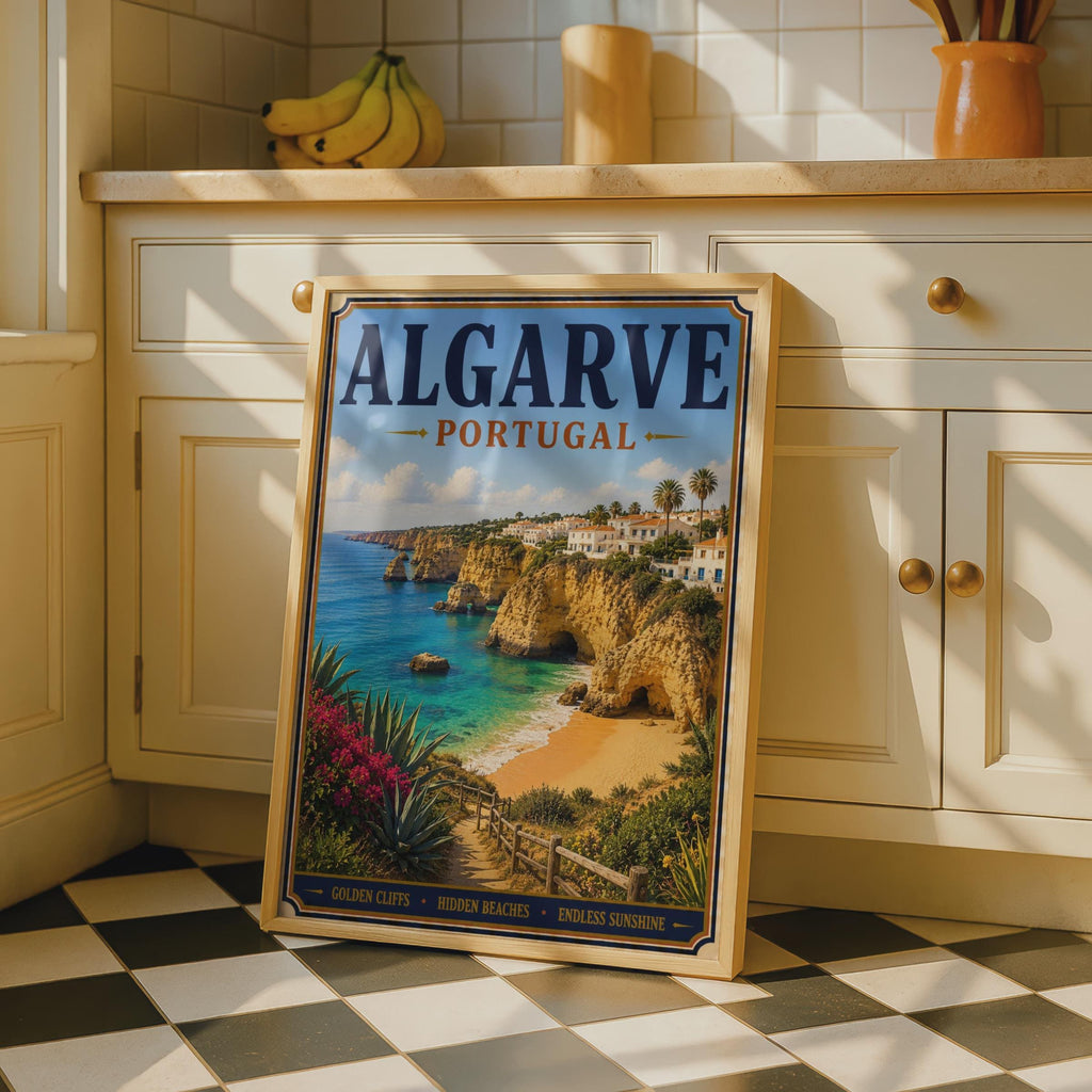 Algarve Portugal Travel Poster, Vintage Coastal Wall Art, Golden Cliffs Beach Print