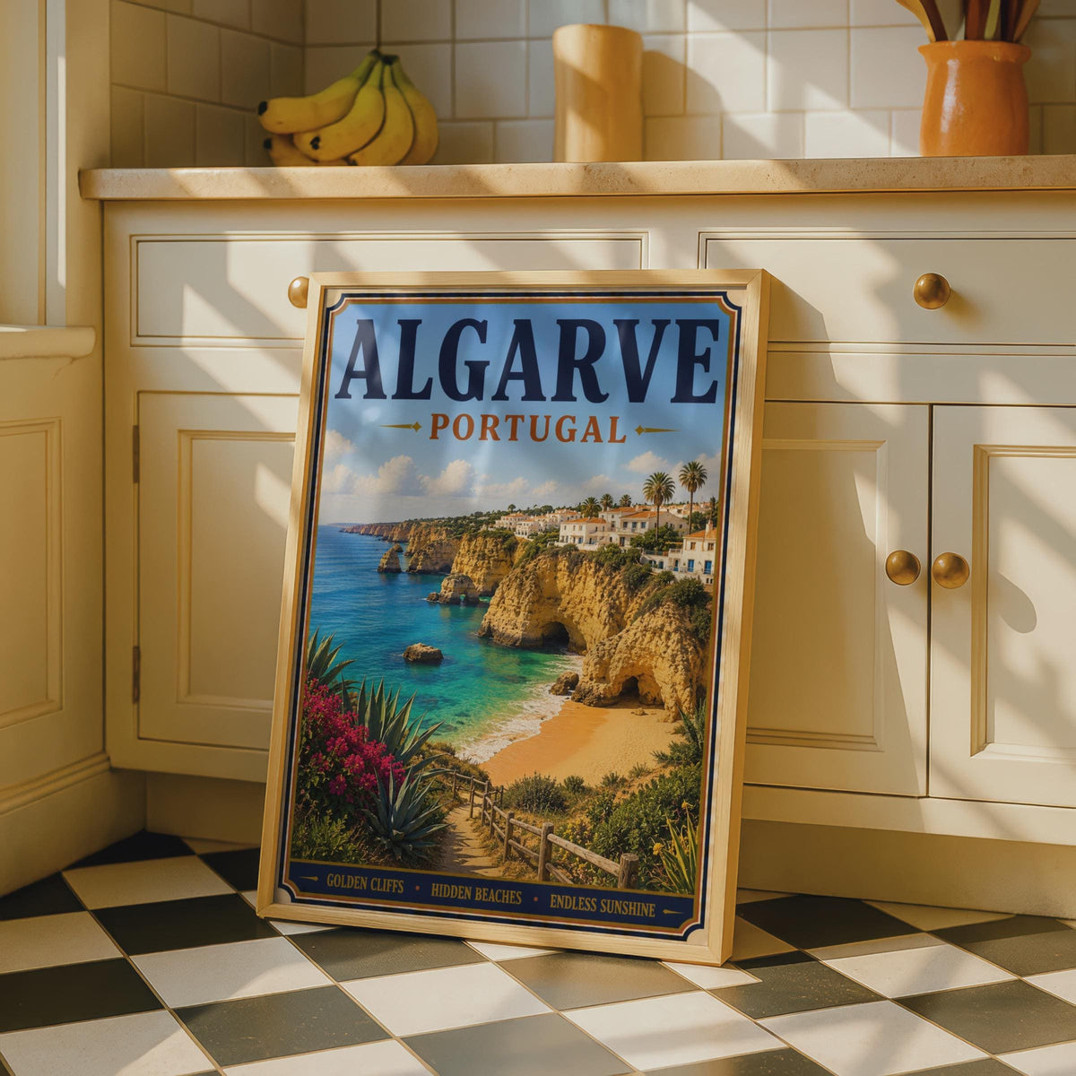 Algarve Portugal Travel Poster, Vintage Coastal Wall Art, Golden Cliffs Beach Print