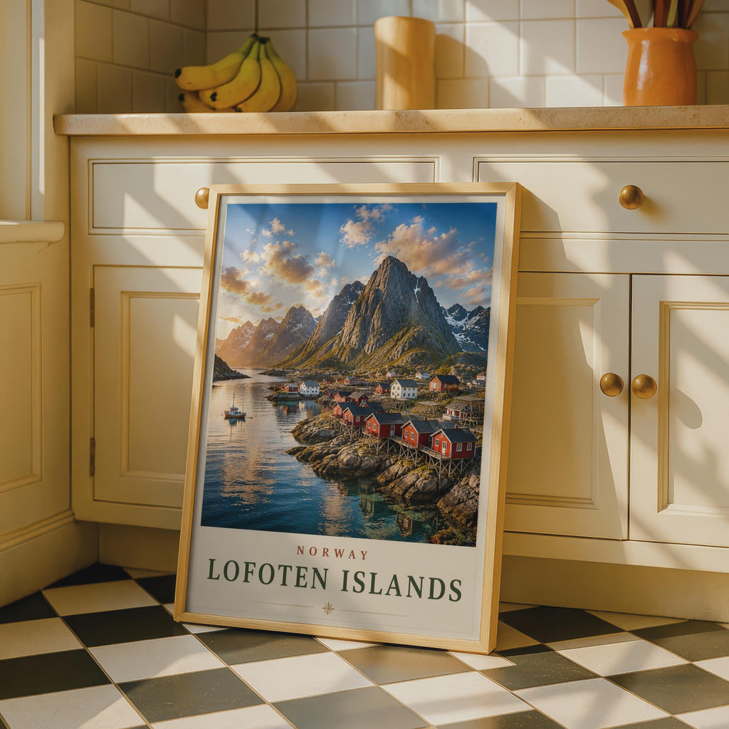 Lofoten Islands Norway Travel Poster, Reine Fishing Village Wall Art Print