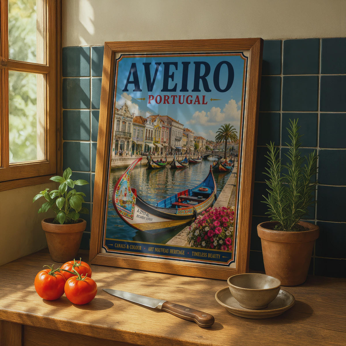 Aveiro Portugal Travel Poster, Moliceiro Canal Boat, Vintage Style Portuguese Wall Art