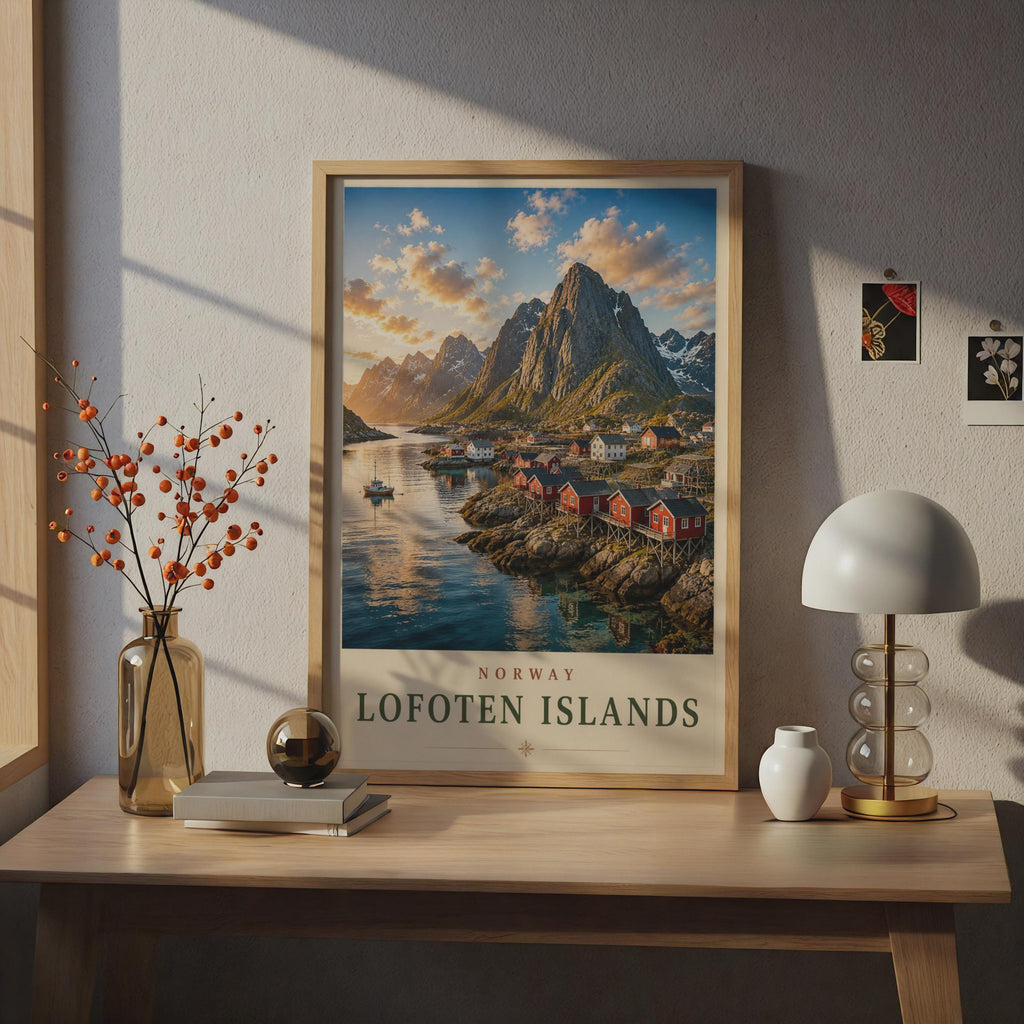 Lofoten Islands Norway Travel Poster, Reine Fishing Village Wall Art Print